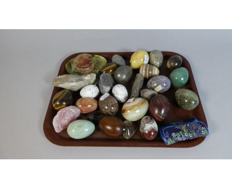 A Collection of Various Stone and Onyx Eggs, Jadeite Oval Bowl, Fossil of Shell etc 