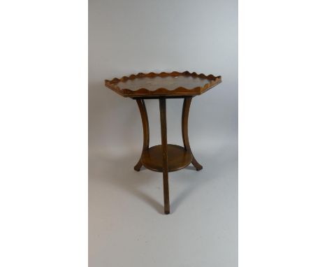 An Edwardian Inlaid Hexagonal Galleried Occasional Table with Circular Stretcher Shelf and Three Scrolled Supports, 46cm High