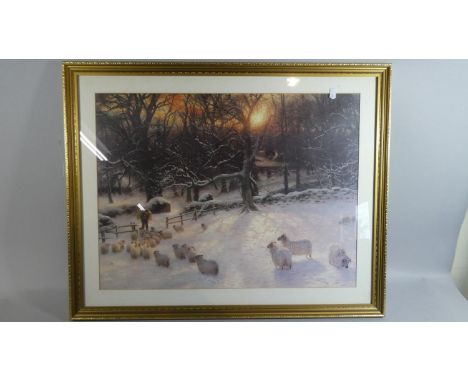 A Framed Print Depicting Shepherd Feeding Sheep in Winter, 61cm Wide 