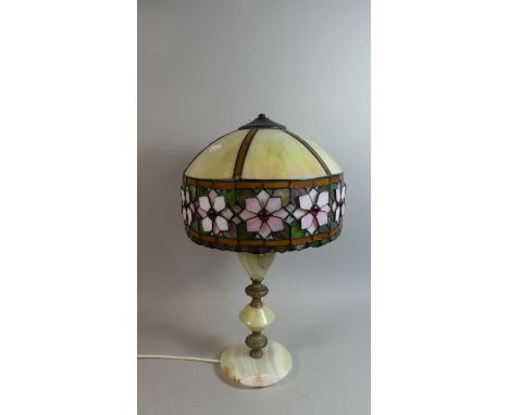 A Brass and Onyx Table Lamp with Tiffany Style Shade, 53cm High 