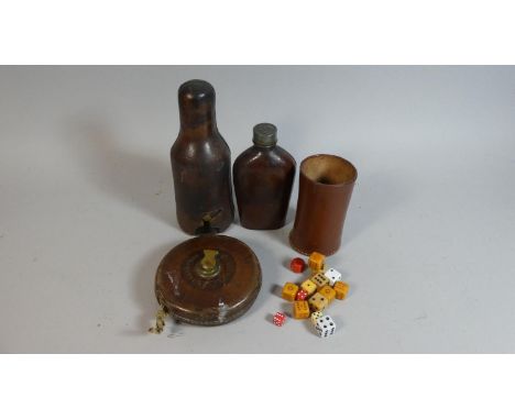 A Leather Travelling Dobson of London Bottle Case Together with Leather Cased Flask, Hockey Tape Measure and Leather Games Cu