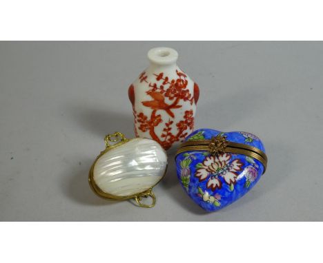 An Oriental Snuff Bottle. Enamelled Limoges Heart Shaped Box and a Mother of Pearl Pill Box 