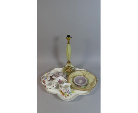 A Continental Ceramic Scallop Edge Dressing Table Tray, Royal Crown Derby Strainer and Cream, Lavender Jasperware Box and Dis