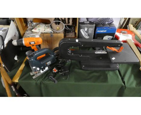 A Dremel Motor Shop Electric Tabletop Saw and Grinder, Jigsaw and Black and Decker Drill 