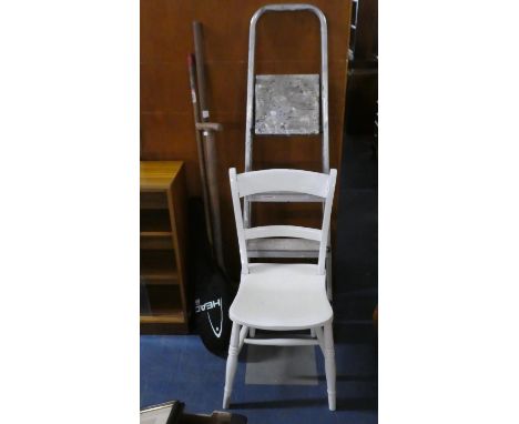 An Aluminium Step Ladder, Garden Tools, White Painted Chair and a Tennis Racket 