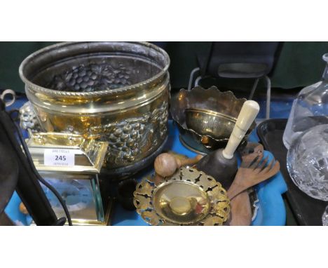 A Tray Containing Brass Planter, Bowls and a Carriage Clock Etc 