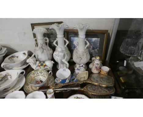 A Tray of Various Decorated Ceramics to Include Staffordshire Sheep, Cabinet Cups and Saucers, Continental Vases etc 