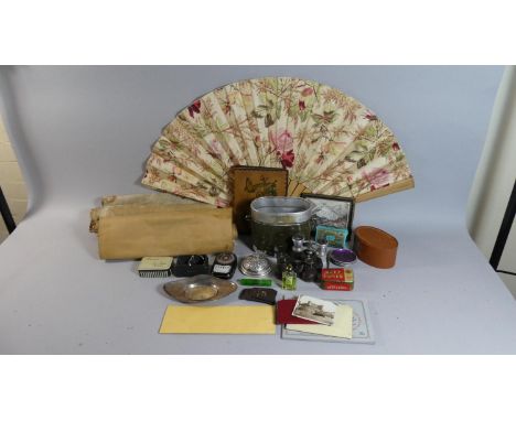 A Tray of Sundries to Include Two Sets of Opera Glasses, Cigarette Card Album, Coloured Print, Pin Dishes, Costume Jewellery 