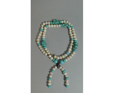 A Pearl Necklace with Turquoise and Amethyst Beads, 86cm Long 