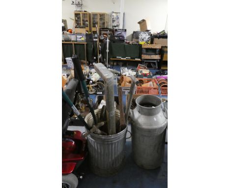 A Galvanised Bin Containing Various Garden Tools and a Galvanised Churn (AF) 