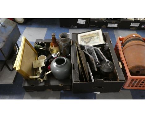 Two Boxes of Sundries to Include Brass Plaques, Prints, Ceramics, Scales etc 