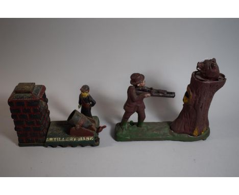 Two Reproduction Painted Cast Metal American Novelty Money Banks, Artillery and Shooting Bear 