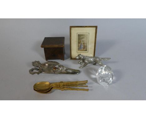 A Box Containing Various Curious to Include Gilt Spoons, Dog Ornament, Duck Letter Clip, Miniature Portrait and Small Puzzle 