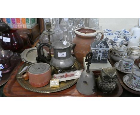 A Tray of Sundries to Include Brass Candle Stick, Pewter Coffee Pot, Victorian Brass Commemorative Tray, Brass Owl Ornament, 