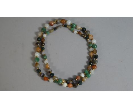 A String of Graduated Semi Precious Stone Beads Include Carnelian, Jade, Moss Agate etc, 76cm Long 