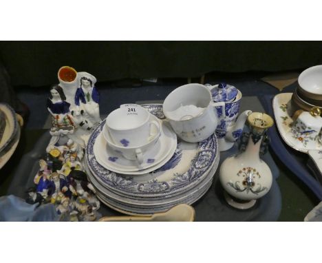 A Collection of Various Blue and White Plates, Small Woods Blue and White Coffee Pot, Continental Ceramic Figures, Staffordsh