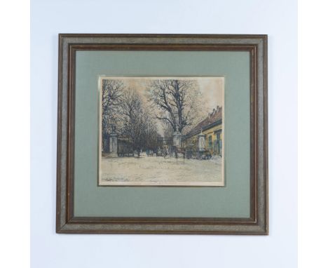 An original vintage framed color etching on paper by Luigi Kasimir, depicting the historical landmark Meidlinger Tor in Vienn