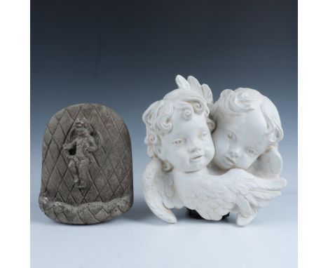 Marvelous collection of angelic ceramics that includes a white duo of winged children, and a stoneware wall fountain decorate