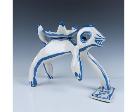 Abstract ceramic sculpture colored in blue and white with hand painted graphics. Signed AP, Artist signature and dated to rea