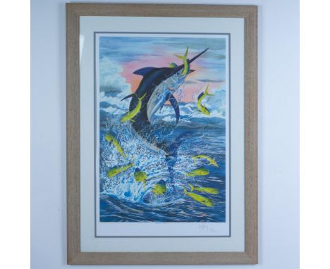Large limited edition color lithograph on paper after Guy Harvey original painting entitled Panama Black that features a swor