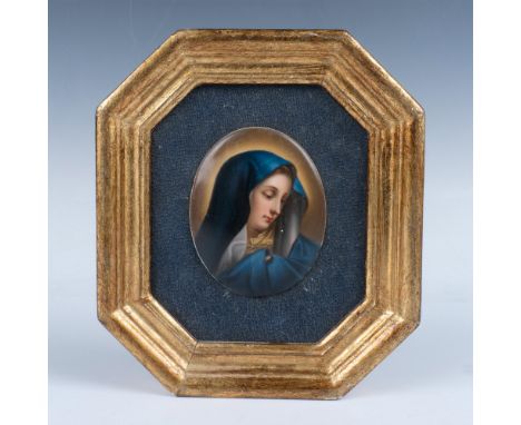 Original portrait on oval shaped enamel depicting the Madonna with a Blue Veil that is set on a teal blue velour background a