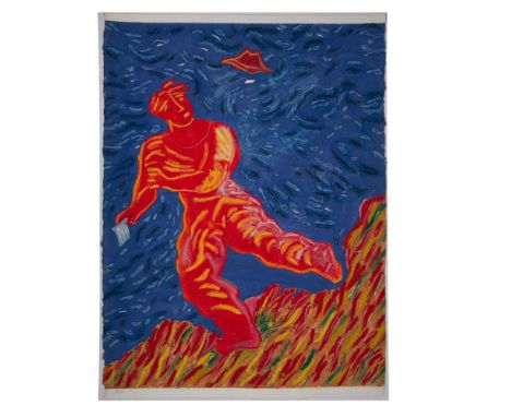 Stunning large carborundum etching with hand coloring on hand made paper by artist Sando Chia, who was a central figure in th