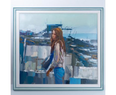 Outstanding large original oil on canvas featuring a Beach Scene by Italy's most important Modern artist Nicola Simbari whose