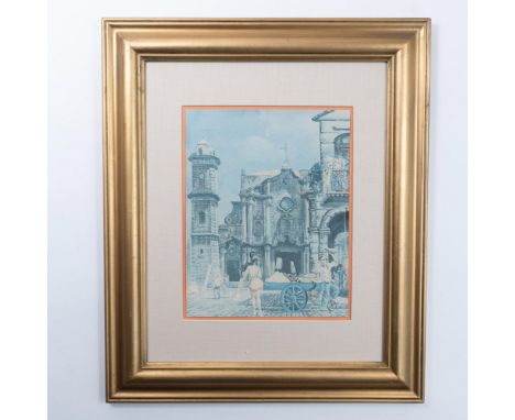A blue hued lithograph on heavy laid paper applied to an orange board, portraying Plaza de la Catedral, one of the four main 
