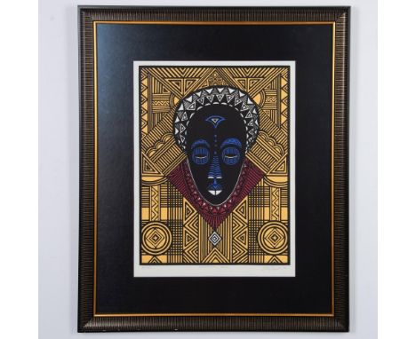 A vintage original lithograph in color on paper entitled Ancestral Mask depicting a tribal mask against a geometric patterned