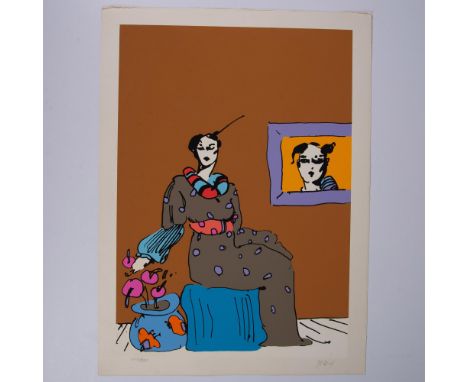 A vibrant original color screenprint on CM Fabriano paper entitled Lady with Portrait by American artist Peter Max. From a ra