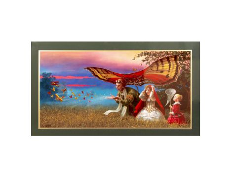 Vibrant dye sublimation digital print entitled Promises of the Parting Summer by Magic Realist Michael Cheval. This surreal c