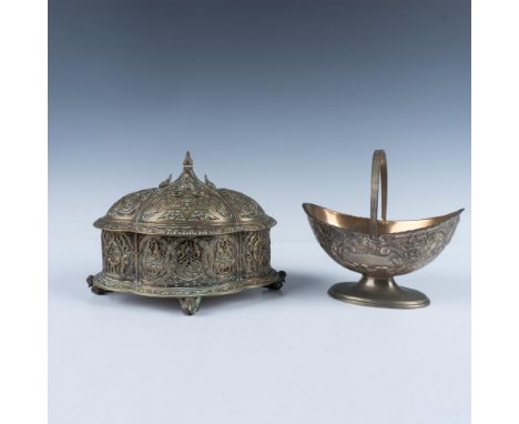 Includes a stunningly ornate arabesque keepsake with a lock and key mechanism, along with a footed candy dish adorned with a 