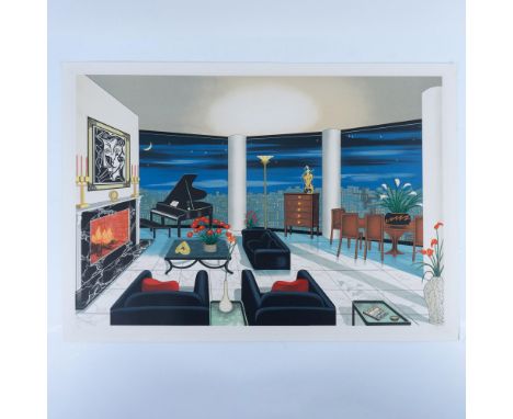 Interior with Picasso is a large color serigraph on paper by French artist Fanch Ledan. It features a Picasso Cubist portrait