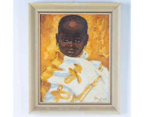 Outstanding Portrait of a Tanzanian child. The artist emphasized the rich gold and white colors of her outfit and her gold ho