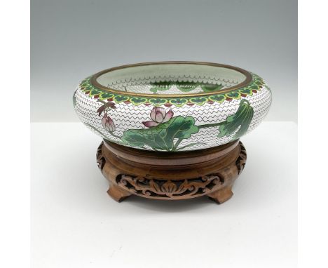 Lovely floral, leaf and bird enameled design colored in green, white, red and plum with gilt bronze rim and base (3"H x 8.25"