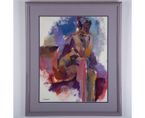 One-of-a-kind gouache on heavy paper of a Seated Nude in an Interior by American artist Martha Hayden. She applies wide field