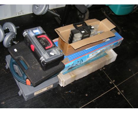 A Bosch PSB680-2RE power drill, Black and Decker mouse sander and assorted tools