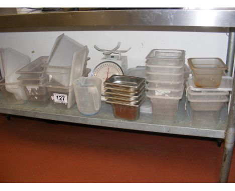 Sundry stainless steel Bain Marie pots, plastic storage containers, scales etc. (all of the contents of the lower shelf)