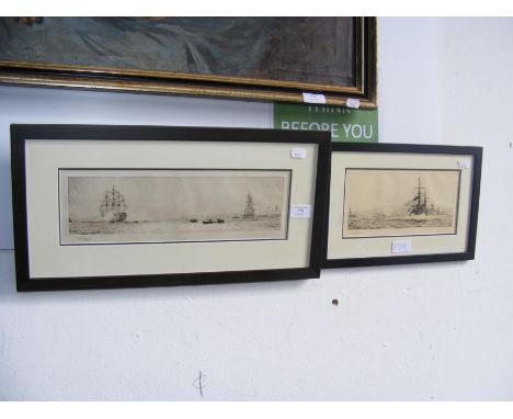 WILLIAM WYLLIE - an etching of Victory in Portsmouth Harbour, together with one other of warship by Wyllie