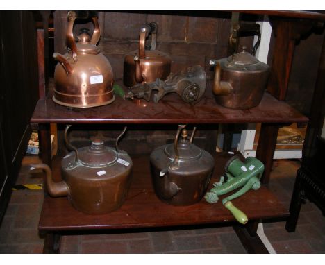 An antique copper tea pot, vintage mincer