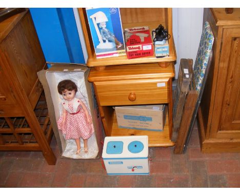 A vintage 'Rosebud' doll in box, together with Sindy's Hairdryer, Tri-ang electric toy hairdryer and Chad Valley Hoovermatic 