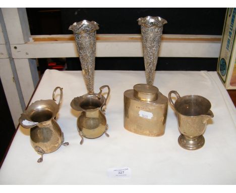 Silver cream jugs, hip flask etc.