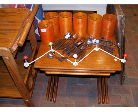 Six vintage mid century orange light shades, Ashberry cutlery together with a nest of G-Plan tables and zig-zag hook rack CON