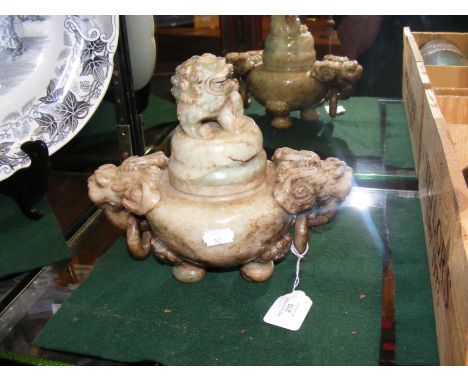 A jade two handled stylised lidded pot - 24cm x 22cm wide