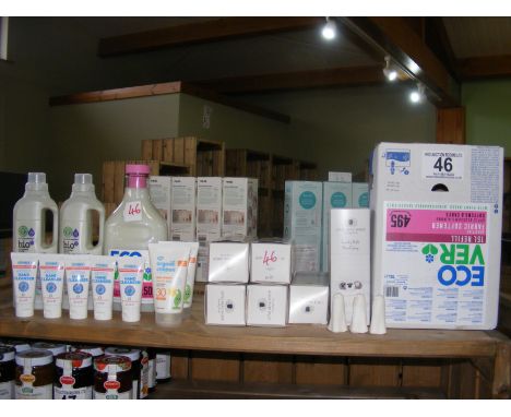 Sundry hand cleanser, fabric softener etc. (all of the contents of the top shelf)