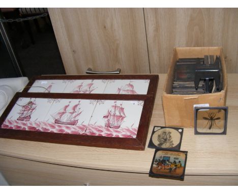 Two sets of tall ship tiles in oak frames, together with a box of magic lantern slides 