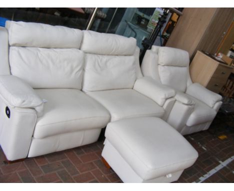 An off-white leather style two seater reclining sofa with matching armchair and footstool CONDITION REPORT.