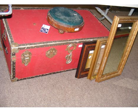Three wall mirrors of varying shape and size, together with an antique footstool and a vintage trunk 