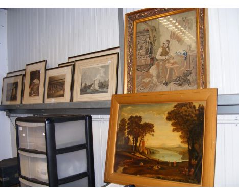 A quantity of antique engravings together with oil painting of estuary scene and tapestry picture