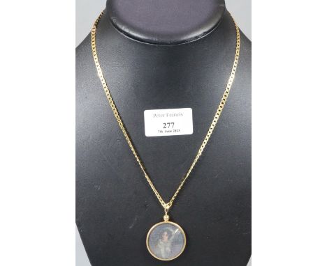 9ct gold necklace with portrait fob/pendant.  Total weight 14.6g approx.   (B.P. 21% + VAT) 